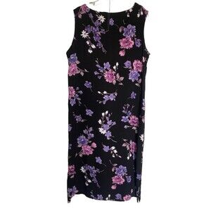 Women Black Floral Scoop Neck Sleeveless Midi Dress Size 12 Vintage